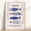 A playful, folk-style print of Matthew 4:19 — a bold visual call to discipleship and the mission to become fishers of men wall art.