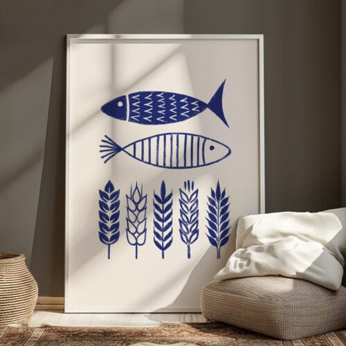 Christian Scripture Wall Art of 5 loaves and 2 fish minimalist style