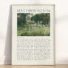 A vintage-inspired scripture print in the form of framed poster featuring green grass and white wildflowers, paired with Matthew 6:25–34—Jesus’ tender reminder to not worry.