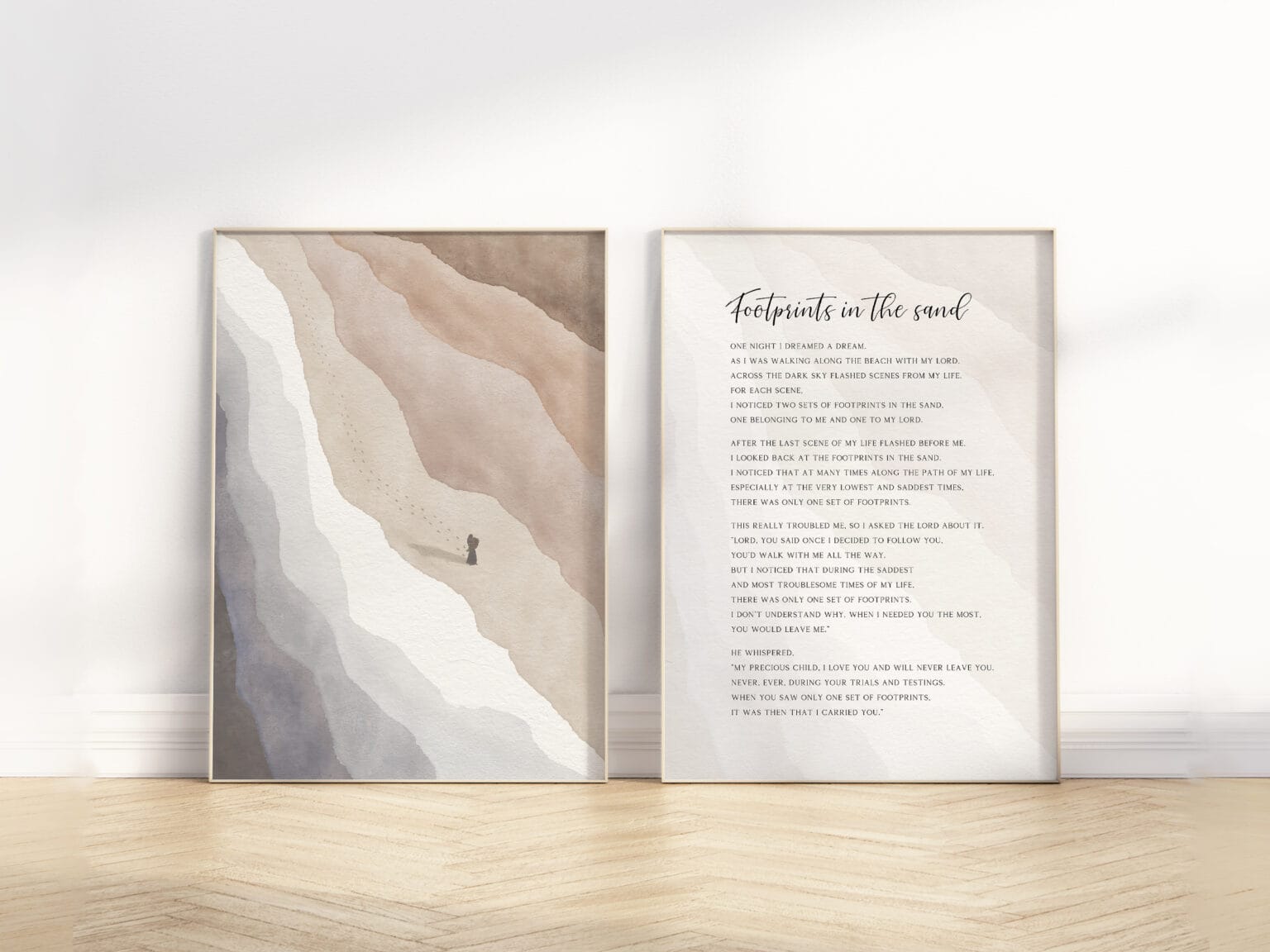 A set of 2 Footprints in the sand poem illustration and poem itself in framed poster form.