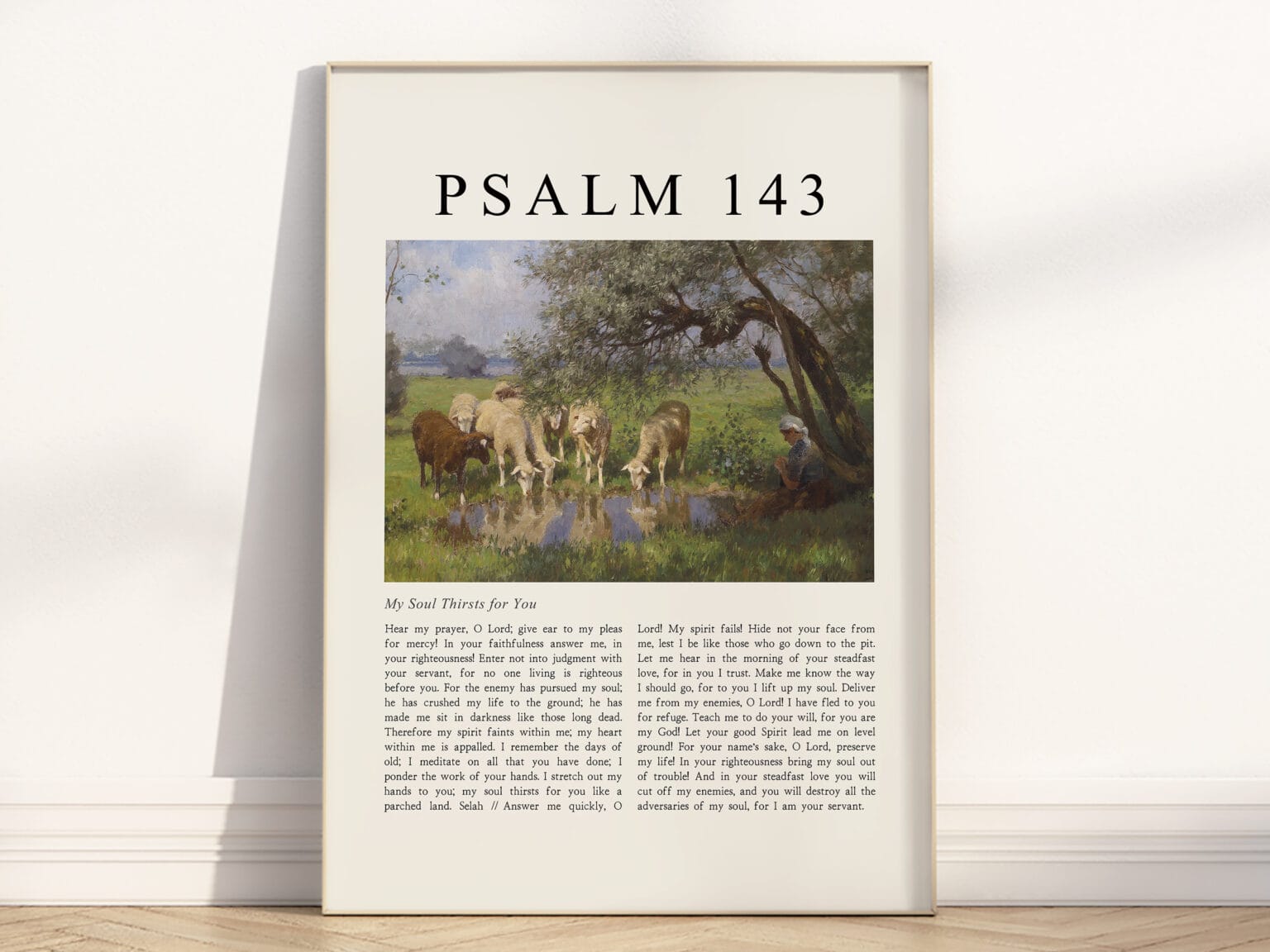 Full Chapter Psalm 143 Wall Art poster with vintage-style Landscape oil painting in a wooden frame