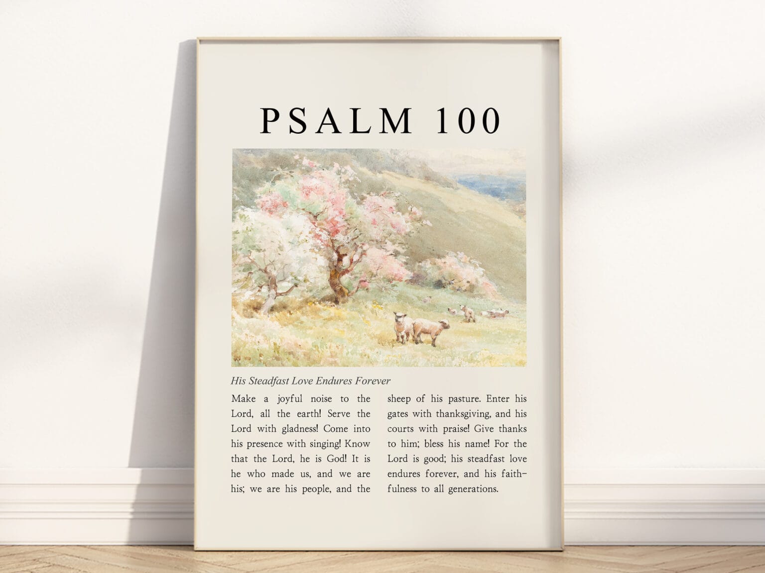 Full Chapter Psalm 100 Wall Art poster with vintage-style Landscape oil painting in a wooden frame