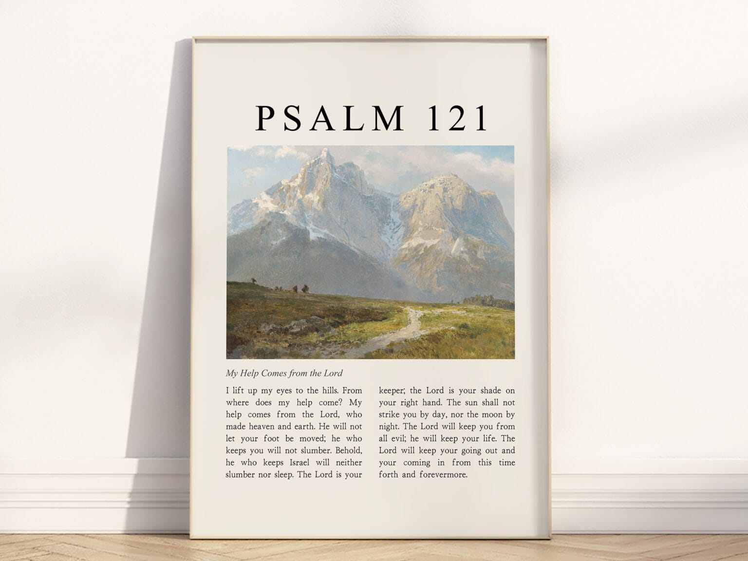 Full Chapter Psalm 121 Wall Art poster with vintage-style Landscape oil painting in a wooden frame