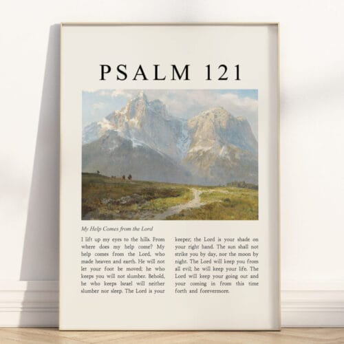 Full Chapter Psalm 121 Wall Art poster with vintage-style Landscape oil painting in a wooden frame