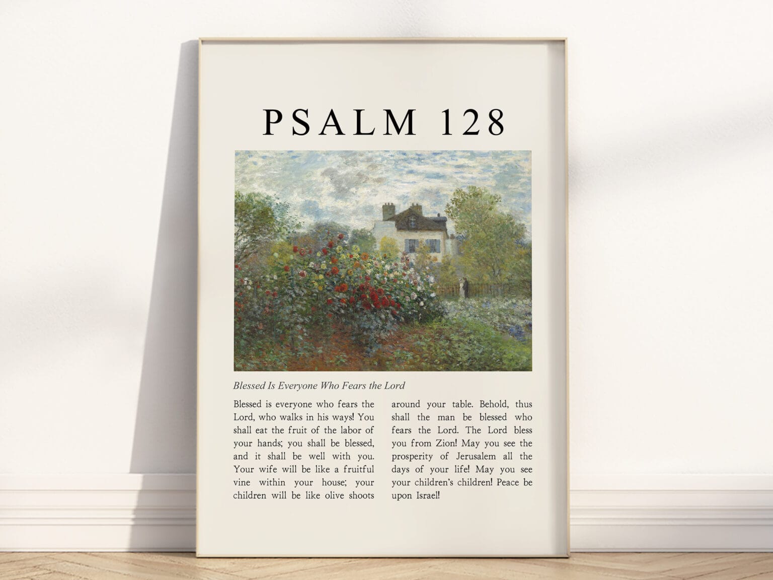 Full Chapter Psalm 128 Wall Art poster with vintage-style Landscape oil painting in a wooden frame