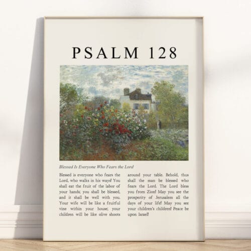 Full Chapter Psalm 128 Wall Art poster with vintage-style Landscape oil painting in a wooden frame