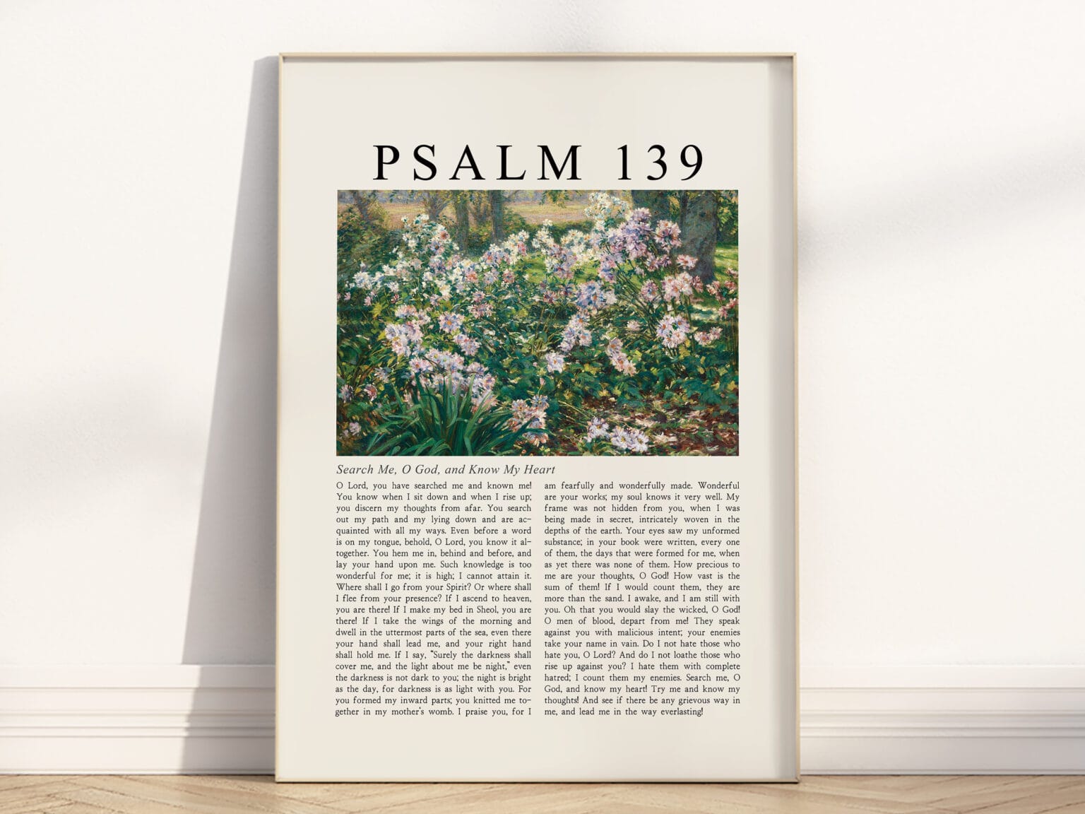 Full Chapter Psalm 139 Wall Art poster with vintage-style Landscape oil painting in a wooden frame
