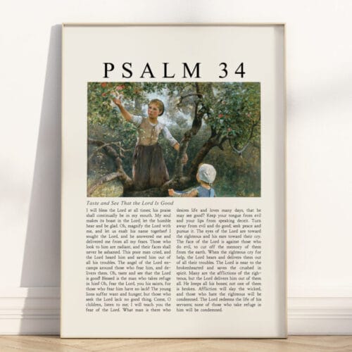 Full Chapter Psalm 34 Wall Art poster with vintage-style oil painting in a wooden frame
