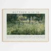Vintage landscape scripture art with Matthew 6:28-30 below a peaceful field of grass and wildflowers—a gentle reminder to trust and not worry. in the form of a landscape framed poster.