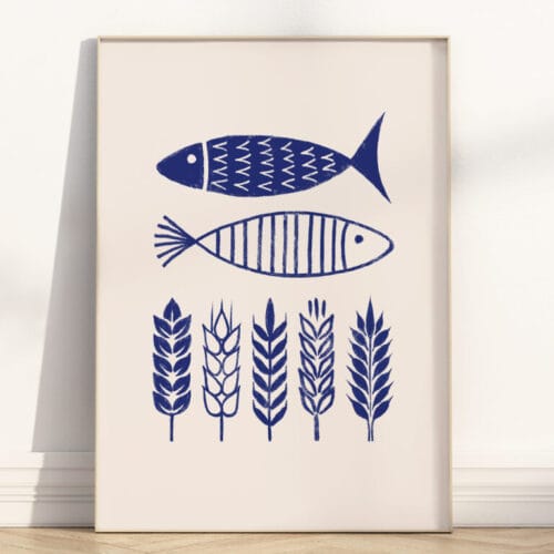 Minimalist style five loaves and two fish bible story illustration in blue, as a framed poster.