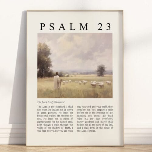 Psalm 23 Scripture Artwork in vintage oil painting style, poster in wooden frame