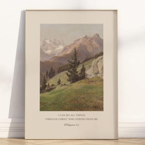 An Vintage Oil Painting featuring the bible verse from Philippians 4:13 Wall Art with wooden frame.