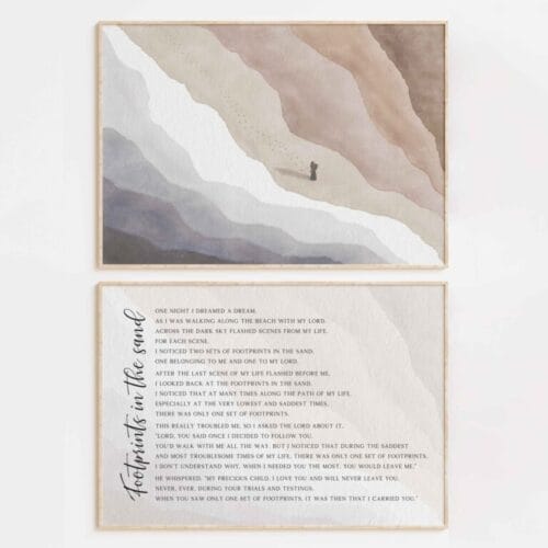 A soft, modern watercolor Footprints in the Sand poem artwork inspired by the poem, in the form of framed poster.
