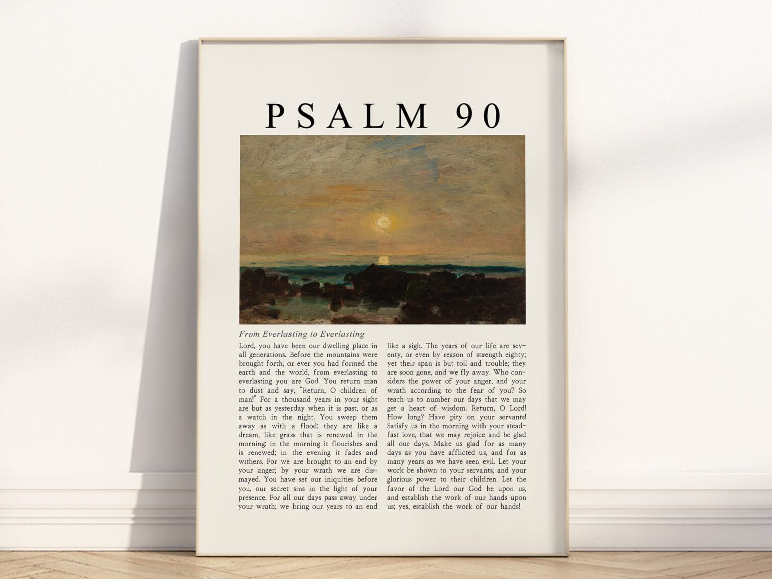 Full Chapter Psalm 90 Wall Art poster with vintage-style sea scape oil painting in a wooden frame
