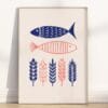 Minimalist style 5 loaves 2 fish bible story illustration in blue and red, as a framed poster.