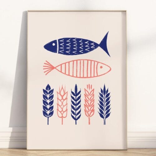 Minimalist style 5 loaves 2 fish bible story illustration in blue and red, as a framed poster.