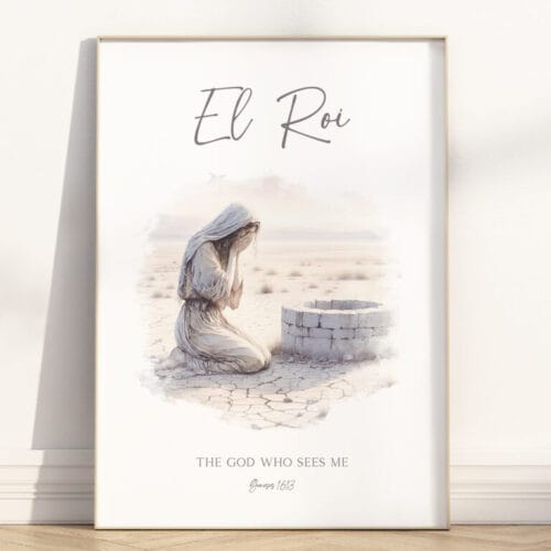 Beautiful El Roi wall art featuring Hagar in the desert. A moving Bible verse illustration reminding us that God sees and cares. Christian home decor.
