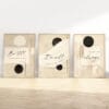 Modern Christian wall art set of 3 with neutral beige abstract designs. Features Psalm 46:10, Matthew 28:20, and "It is well with my soul" hymn quote.
