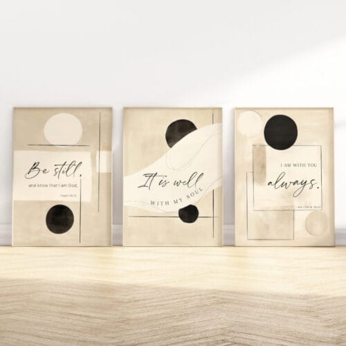 Modern Christian wall art set of 3 with neutral beige abstract designs. Features Psalm 46:10, Matthew 28:20, and "It is well with my soul" hymn quote.