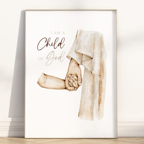 This minimalist “I Am a Child of God” wall art features a calming watercolor design of Jesus holding a child's hand, perfect for Christian homes.