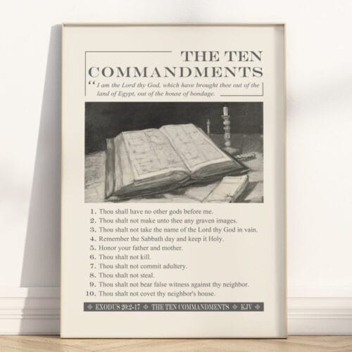 The Ten Commandments wall art – a vintage-style Bible verse print with minimalist charm. Ideal for home, church, homeschool, or Sunday school decor.