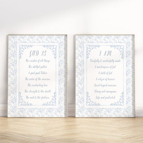 Pastel blue Identity in Christ boy nursery wall art featuring Christian affirmations. Vintage floral charm for a baby boy or young boy's room.