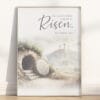Celebrate Easter with this peaceful “He is Risen” wall art, a watercolor illustration of the empty tomb in Jerusalem inspired by Matthew 28:6.