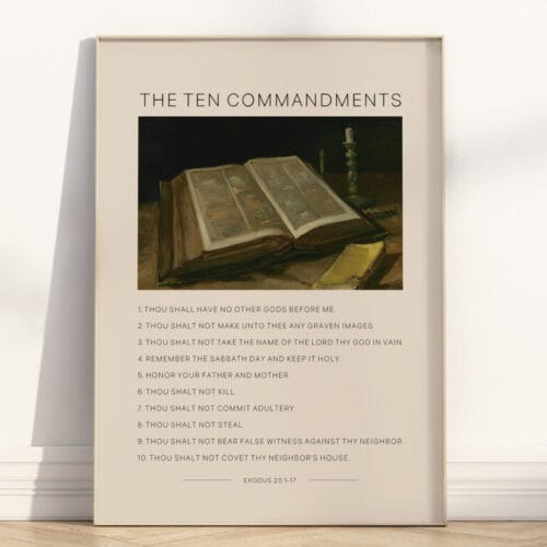 Bring a touch of vintage charm and spiritual elegance to your home with this 10 Commandments wall art – a restored still life painting.