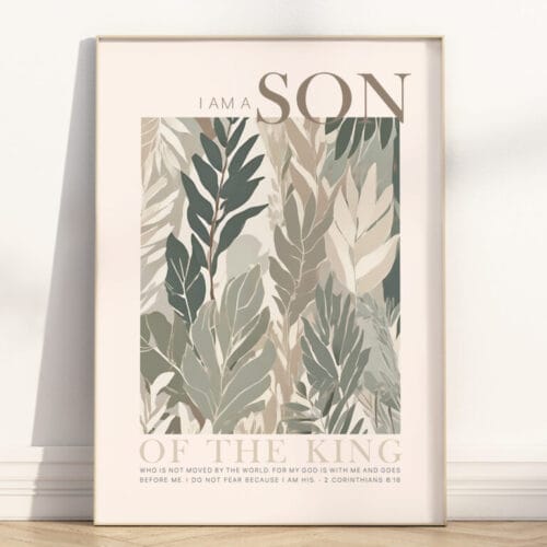 Inspire faith with this Boho Style Botanical watercolor painting, I Am a Son of the King wall art, perfect for boy nurseries and baby showers.