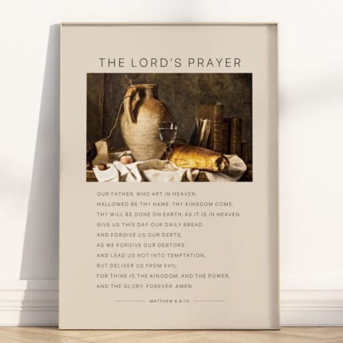 Add timeless beauty with The Lord's Prayer Poster Bible Verse Scripture Quote – vintage still life Christian artwork for home, classroom, or church.