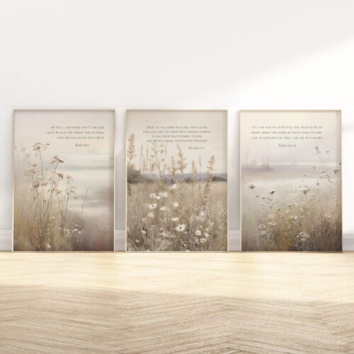 Elevate your home with this neutral Christian wall art set of 3—featuring Psalm 46:10, Proverbs 3:5-6, and Psalm 73:23-24 in a charming wildflower design.