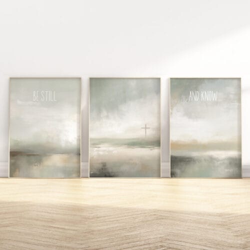 Be still and know wall art set of 3 in serene sage green with Psalm 46:10 scripture, neutral boho artwork, perfect for home, church, or as a tranquil gift.