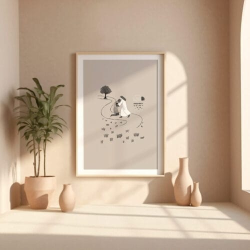 a picture frame on a wall with vases and a plant