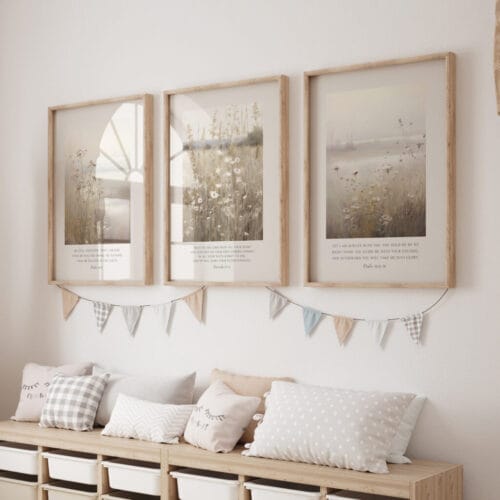 Set of 3 flower Bible verse wall art – neutral wildflower design featuring Psalm 46:10, Proverbs 3:5-6, and Psalm 73:23-24. A calming, vintage touch for your home.