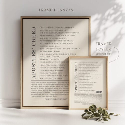 Apostles' Creed wall art in Latin & English. Minimalist vintage-style Scripture for home, church, or classroom. A timeless piece of Christian doctrine.