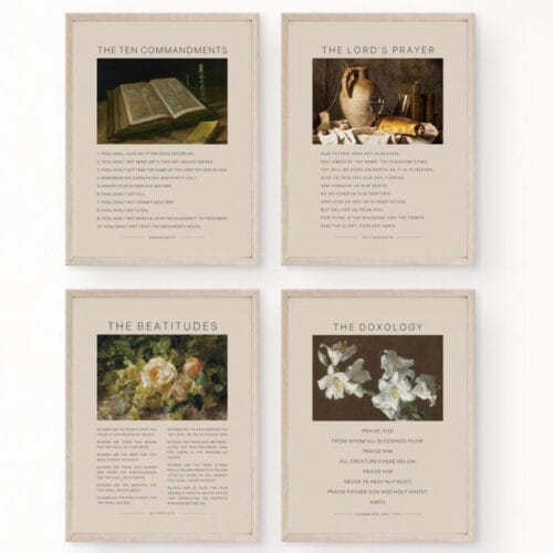 Inspire your space with this printable set of 4 Christian wall art designs – featuring the Ten Commandments, Beatitudes, Doxology, and Lord's Prayer.