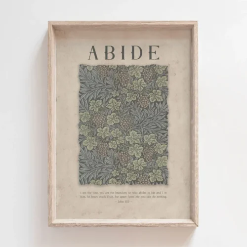 Embrace faith and rustic charm with this dark greenish blue abide wall art inspired by John 15:5 Scripture.
