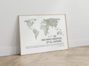 The Great Commission Wall Art (Sage Green) featuring Matthew 28:19-20 with a watercolor world map in large format.
