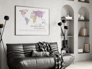 The Great Commission Wall Art (rainbow colors) featuring Matthew 28:19-20 with a watercolor world map in large format.