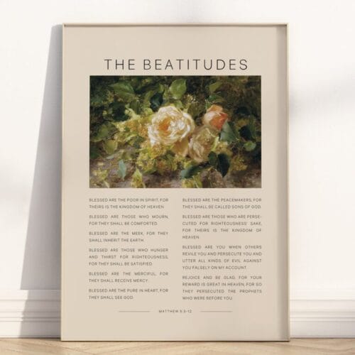 Bring vintage elegance and faith home with this The Beatitudes Bible Verse wall art – a restored 1800s floral oil painting print.