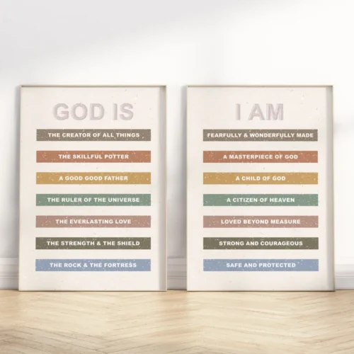 Inspire little ones with our Christian kids affirmation wall art - boho rainbow designs to remind them of who they are in Christ.