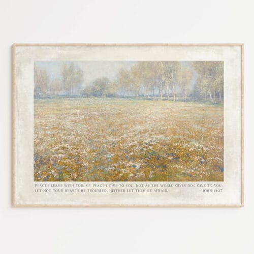 Bring peace to your home with this John 14:27 Bible Verse Wall Art. A printable vintage floral field artwork featuring the comforting Scripture quote.