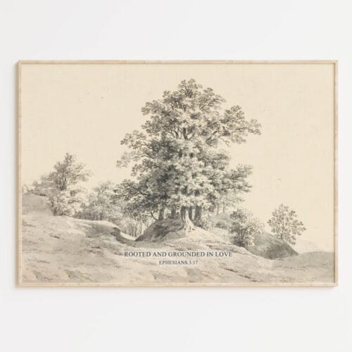 Vintage Christian sketch artwork featuring Ephesians 3:17. Add this rooted and grounded in love wall art to your home for a timeless reminder of faith.