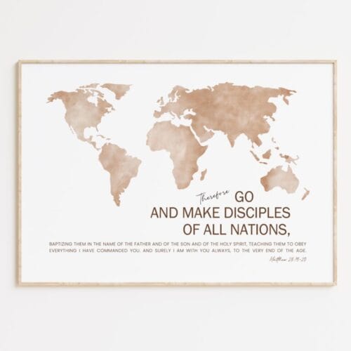 The Great Commission Wall Art (Beige) featuring Matthew 28:19-20 with a watercolor world map in large format.