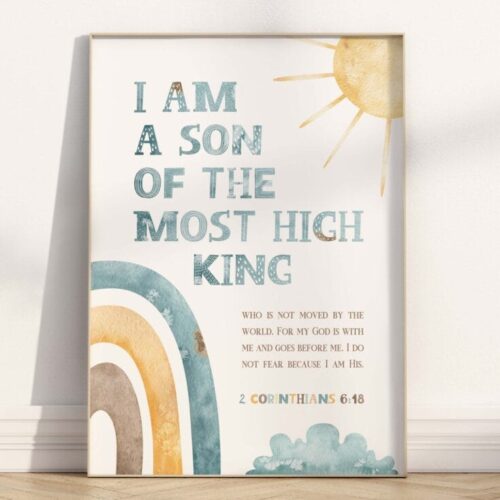 Christian boy nursery Son of the King wall art featuring 2 Corinthians 6:18. A faith-filled scripture poster with rainbow, sun, and clouds for godly inspiration.
