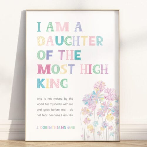 This uplifting Bible verse I am a daughter of the King wall art features a colorful design from 2 Corinthians 6:18, perfect for a girl’s nursery or prayer corner.