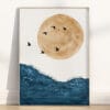 Matthew 6:26 wall art featuring a bold sun, birds, and abstract hills. A modern Christian boho print for peaceful, faith-filled home or office decor.