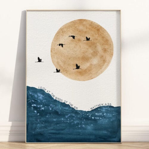 Matthew 6:26 wall art featuring a bold sun, birds, and abstract hills. A modern Christian boho print for peaceful, faith-filled home or office decor.