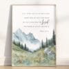 Psalm 121:1-2 wall art featuring a watercolor mountain landscape and scripture quote. Perfect for Christian home decor, Sunday school, or faith-filled gifts.