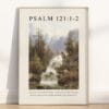 Psalm 121:1-2 vintage wall art with watercolor mountains. A peaceful Christian scripture print for home, classroom, or church decor.